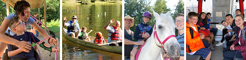 Four photos showing campers and staff doing activities